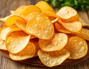 Crispy golden potato chips arranged on a wooden plate with a rustic background, showcasing texture and color of the snack food