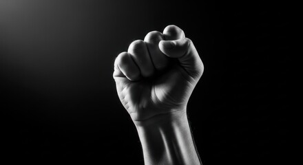 Fototapeta premium Black and white close-up of a clenched fist, lit from above, against a dark background