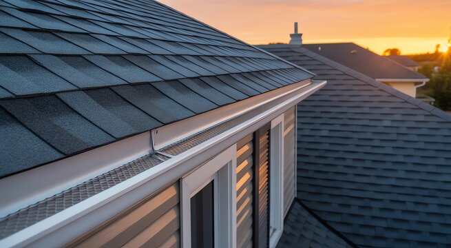 Modern residential roof with dark asphalt shingles, durable gutter system, and leaf guard at sunset.