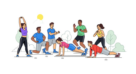 Fototapeta premium People engaging in various fitness activities together in a healthy lifestyle scene, outdoors illustration