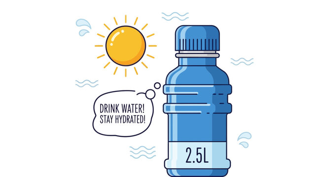 Illustration of a large 2.5L water bottle with hydration reminder in a sunny outdoor setting