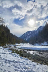 Beautiful winter hike in the Hollersbach Valley, in the Salzburg region near Bramberg, Austria.