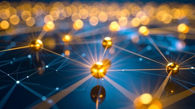 Abstract network of glowing golden spheres connected by light beams on a deep blue background
