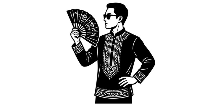 Filipino elegance depicted in barong tagalog with woven fan art style
