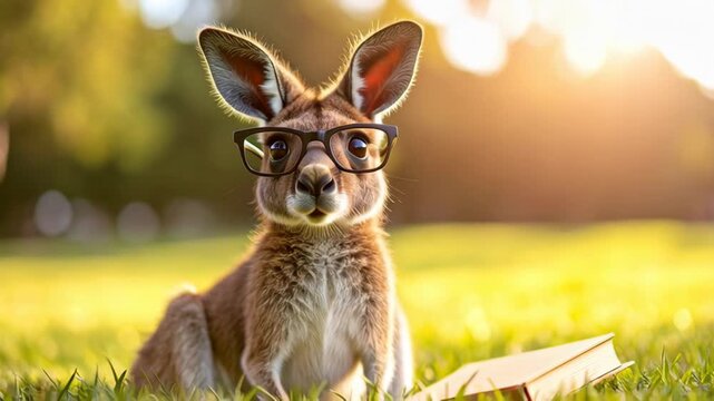 Intelligent kangaroo wearing glasses reads a book in a sunlit meadow