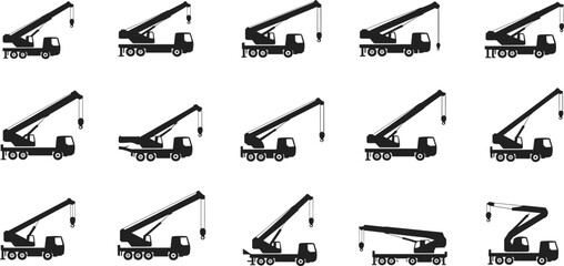 Flat vector construction equipment silhouettes, cranes, trucks, tools, helmet, brick wall © Sohel