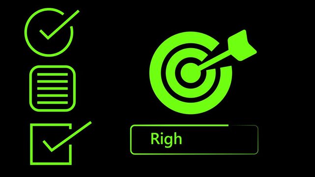 Black of a Checklist with Two Checked Boxes and a List Next to a Target with an Arrow Hitting the Bullseye and the Word RIGHT in a Rectangular Box.