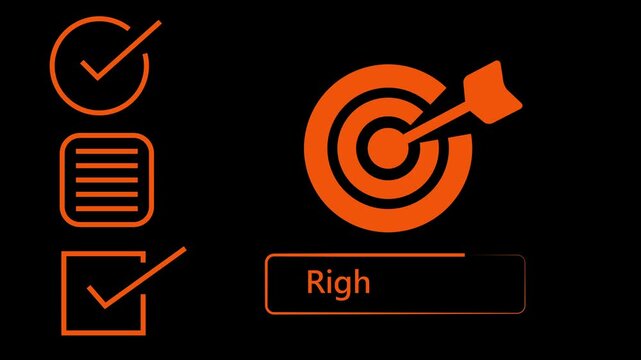 Black of a Checklist with Two Checked Boxes and a List Next to a Target with an Arrow Hitting the Bullseye and the Word RIGHT in a Rectangular Box.