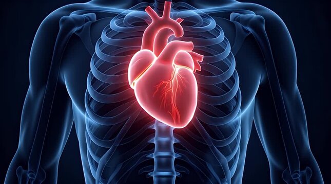 Anatomical visualization depicts a glowing human heart inside a translucent blue rib cage structure representing cardiovascular health awareness.