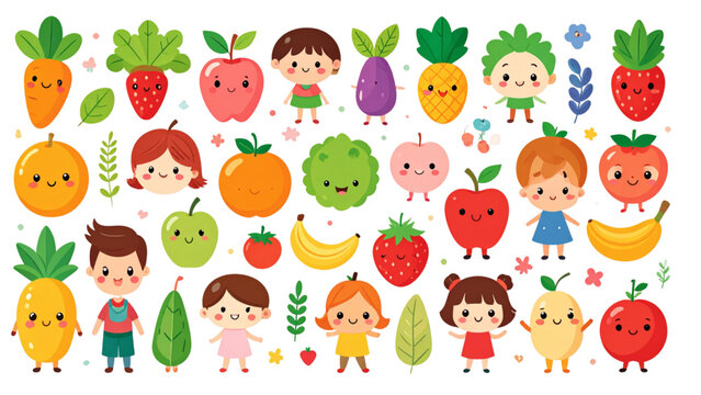 Cute kawaii fruits and vegetables characters set with smiling faces healthy food cartoon flat vector illustration