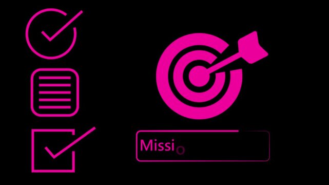 Checklist with Two Checked Boxes and a List Next to a Target with an Arrow Hitting the Bullseye and the Word MISSION in a Rectangular Box on a  Background