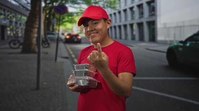 Man holding stacked takeout containers and showing middle finger on street in red cap and tshirt; defiance.