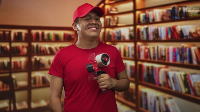 Hispanic delivery worker holding tape dispenser and smiling while packing books in a library building; cheerful service.