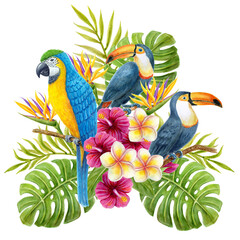 Fototapeta premium Parrot and toucan with tropical bouquet of hibiscus flowers, frangipani, greenery of monstera leaf and palm fronds. Exotic floral composition, watercolor painting.