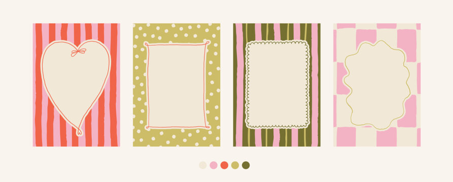 Spring whimsical frames collection on tartan, striped charming background. Bright summer retro hand drawn romantic border clipart set. Vintage empty frame for birthday party invitation template