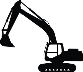 Minimal vector silhouette, excavator digging with bucket extended, solid black, isolated on white. © Saruf