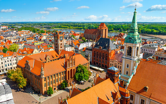 Aerial panoramic view of historical buildings and roofs in Polish medieval town Torun
