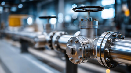 Fototapeta premium Close-up of industrial metal pipes and valves in factory, plumbing components, manufacturing infrastructure detail, with copy space
