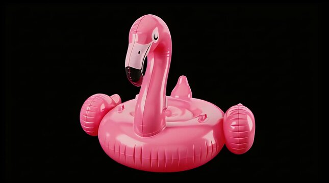 A bright pink inflatable flamingo pool float toy isolated against a solid black background suggests summer vacation fun and water activities.