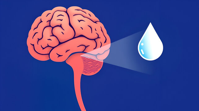 Icon of the brain's hypothalamus responding to a water drop signal. Represents the physiological thirst mechanism, osmoregulation, and the body's need for hydration.