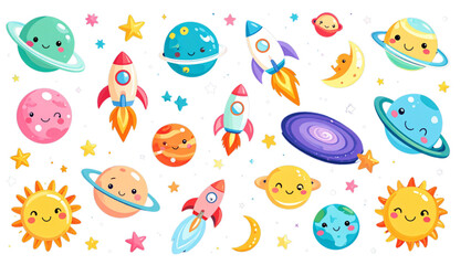 Fototapeta premium Cute cartoon space elements set with smiling planets rocket stars moon sun and galaxy objects vector illustration