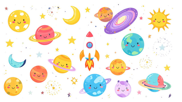 Cute cartoon space elements set with smiling planets rocket stars moon sun and galaxy objects vector illustration
