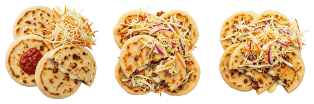 Set of Salvadoran Pupusas with Curtido Cabbage Salad and Tomato Salsa Transparent Background PNG