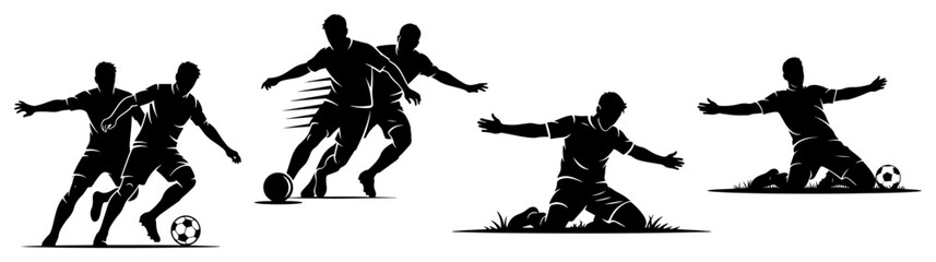 Naklejka premium Set of soccer player silhouettes in different dynamic actions and poses