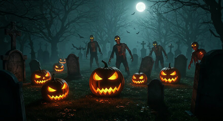 Spooky Halloween graveyard with jack-o'-lanterns and zombies.