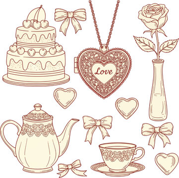 Vintage romantic elements set featuring tea time cakes locket hearts and roses for wedding scrapbooking hand drawn vector illustration floral