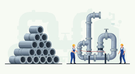 workers assembling pipes for industrial plumbing system.