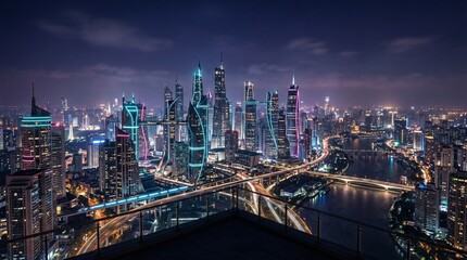 Obraz premium cyberpunk city lights, futuristic urban skyline, neon night landscape, high tech metropolis, glowing skyscrapers view, digital city architecture, futuristic transport hub, neon blue purple, advanced