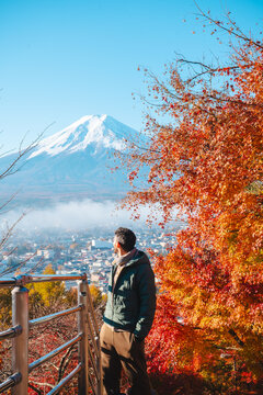 Scenic walkway with Mount Fuji and fall colors