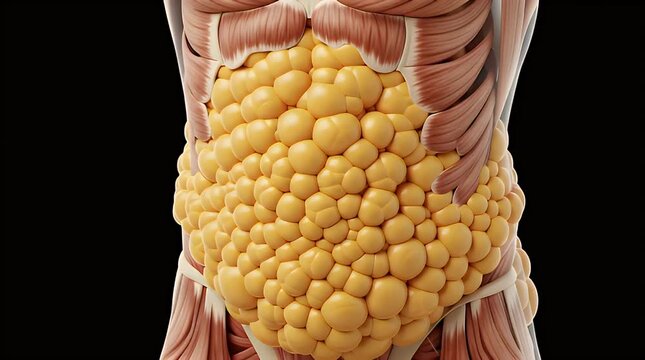 Medical illustration depicting excessive visceral fat accumulated around the human abdomen, highlighting health risks associated with obesity and metabolic syndrome within the body.