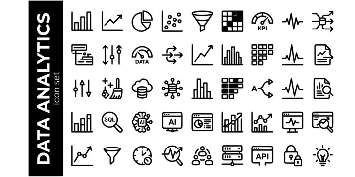 Data Analytics Bold Line Icons-Bar Chart Line Graph Pie Chart Scatter Plot Funnel Heatmap KPI Dashboard Data Pipeline Regression-15 Analytics Icon Set Vector - Data Icons