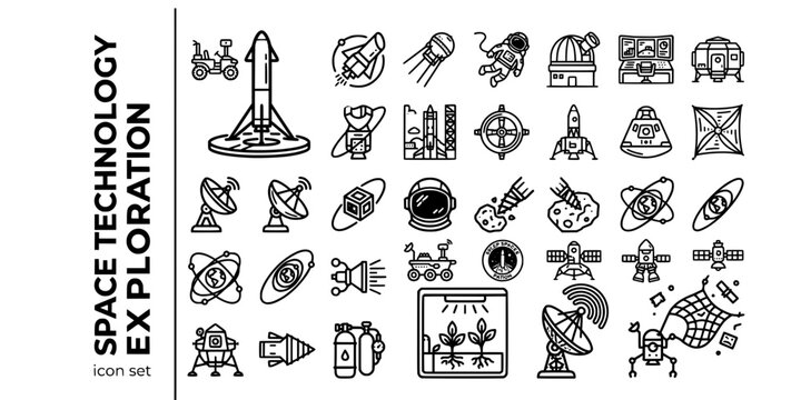Space Technology Exploration Bold Line Icons-Reusable Rocket Space Telescope Mars Rover Lunar Lander Space Station Satellite Cubesat Spacesuit-15 Space Tech Icon Set Vector - Exploration Icons