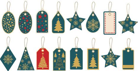 Christmas gift tags vector set featuring festive holiday labels with gold snowflakes pine trees stars and reindeer patterns for winter seasonal present decoration. © MstRozinaAkter