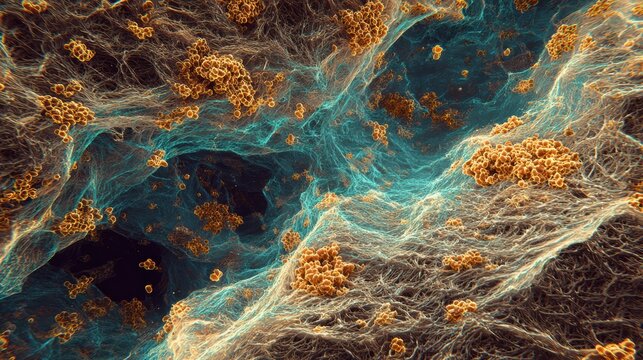 Close-up View of Extracellular Matrix Fibers With Tumor Cells Under Biotech Precision Rendering in a Scientific Setting