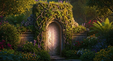 Ornate stone archway, overgrown with ivy, opens to a bright, shimmering interior