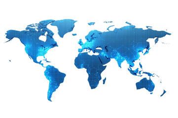 Naklejka premium World map in blue digital technology style, global network connections, data distribution, and internet communication on transparent background