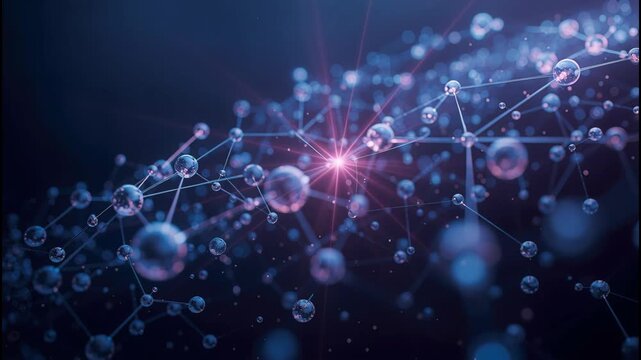 Molecular network connection of glowing blue and purple spheres and thin rods in science sphere