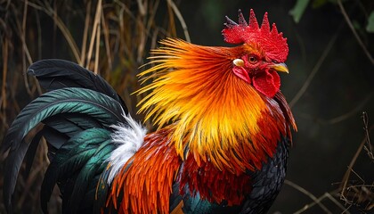 Fototapeta premium Colorful rooster with vibrant plumage poses in natural environment
