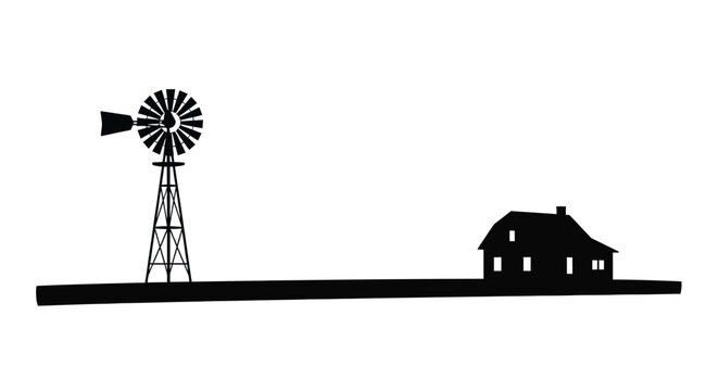 Rural scene with a windmill and farmhouse in black silhouette