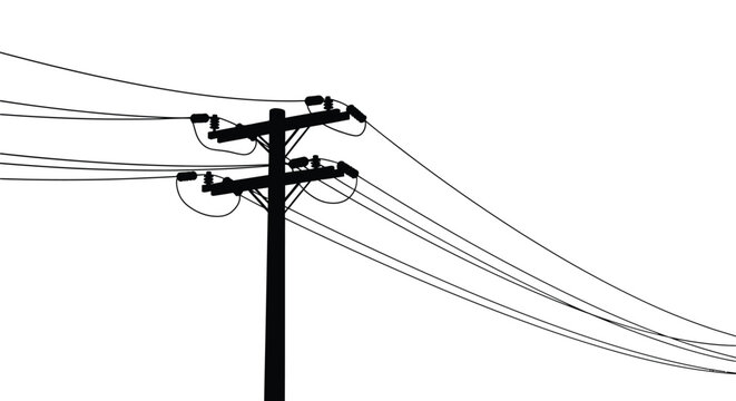 Electrical power lines and poles against a bright white sky silhouette