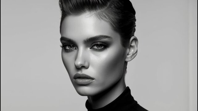 Elegant high fashion portrait of woman face close up with dramatic makeup glossy sculpted