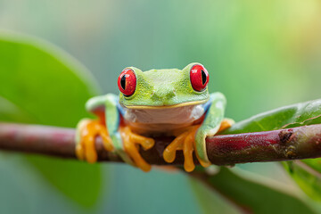 Red-eyed tree frog staring at camera on a vibrant green bokeh background