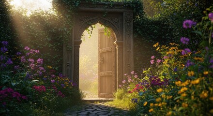 Naklejka premium Sunlit garden path leads to an arched doorway with opened wooden door; flowers bloom
