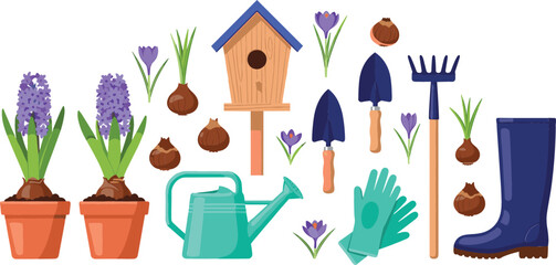 Spring gardening equipment vector set featuring purple hyacinth flowers in pots birdhouse watering can gloves rake shovel boots bulbs and gardening tools. © MstRozinaAkter