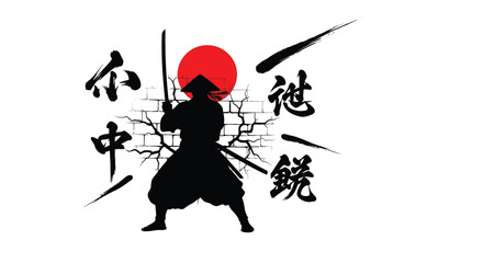 Samurai warrior with katana stands before a red sun dramatic silhouette © MdGolam