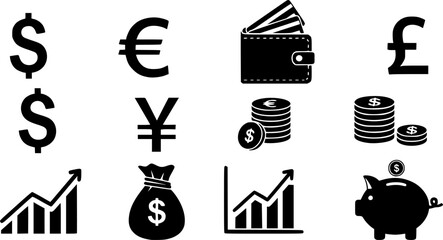 black Finance icons. Business Icons, money signs. Money silhouette collection. Wallet with cards icon. Coins silhouette icon. Growth chart. Moneybag or stash. Piggy bank flat style - stock vector